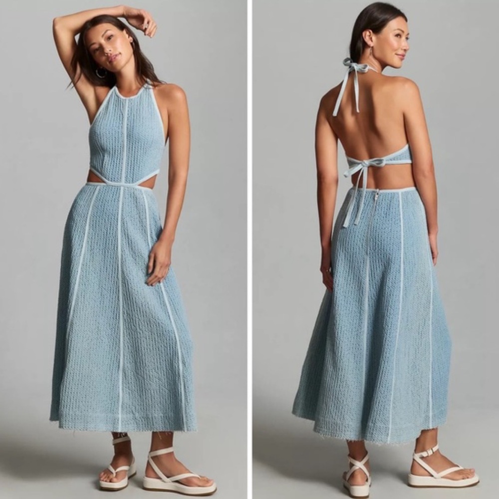 Sabina Musayev Light Blue Crochet Halter Maxi Dress